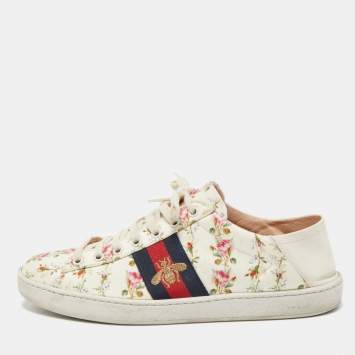 Pre Owned Gucci Cream Canvas And Leather  Flower Ace Low Top Sneakers Size 38.5