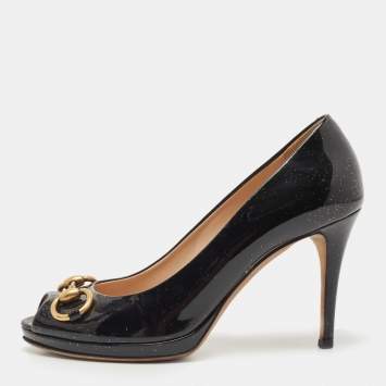 Pre Owned Gucci Black Patent Hollywood Peep Toe Pumps Size 37.5