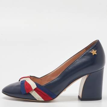 Pre Owned Gucci Blue Leather Aline Block Heel Pumps Size 36.5