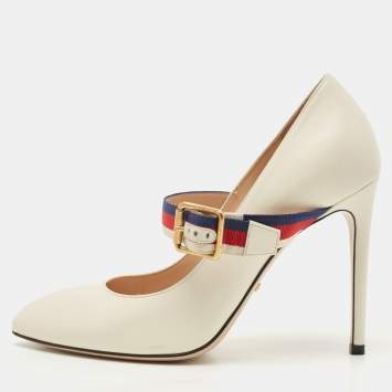 Pre Owned Gucci White Leather Sylvie Mary Jane Buckle Detail Pointed Toe Pumps Size 37