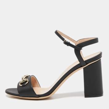 Pre Owned Gucci Black Leather Horsebit Ankle Strap Open Toe Block Heel Sandals Size 38