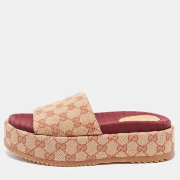 Pre Owned Gucci Beige GG Canvas Platform Flat Slides Size 38