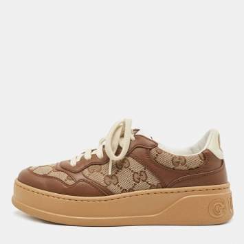 Pre Owned Gucci Brown/Beige GG Canvas And Leather Low Top Sneakers Size 35.5