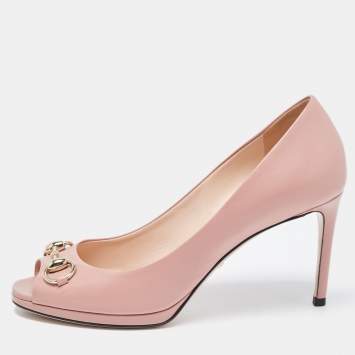 Pre Owned Gucci Pink Leather Jolene Horsebit Peep Toe Pumps Size 37.5