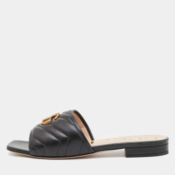 Pre Owned Gucci Black Leather Jolie G Logo Slides Size 38.5 