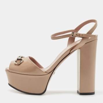 Pre Owned Gucci Beige Leather Claudie Horsebit Peep Toe Platform Sandals Size 35.5