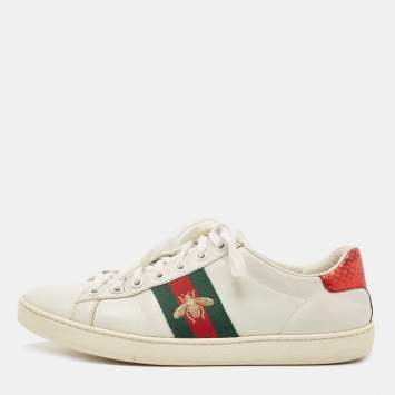 مملوكة مسبقًا Gucci White Leather Embroidered Bee Ace Sneakers Size 37.5