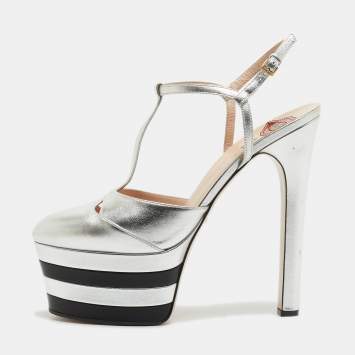 Pre Owned Gucci Silver Leather Angel Platform Ankle Strap Sandals Size 41