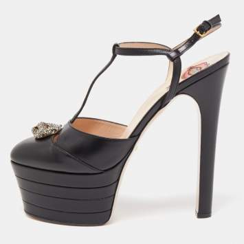 Pre Owned Gucci Black Leather Angel Platform Pumps Size 40.5