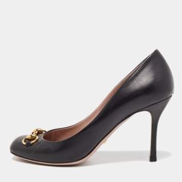 Pre Owned Gucci Black Leather Horsebit Square Toe Pumps Size 38