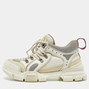Pre Owned Gucci White/Grey Mesh and Leather Flashtrek Sneakers Size 39