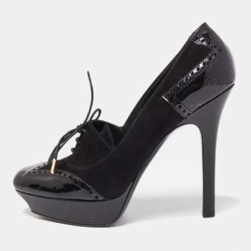 Pre Owned Gucci Black Suede and Patent Leather Lace Up Platform Pumps Size 38.5