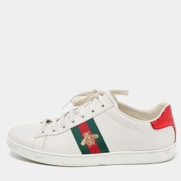 Pre Owned Gucci White Leather Embroidered Bee Ace Sneakers Size 40
