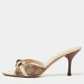 Pre Owned Gucci Beige/Off White GG Canvas and Leather Horsebit Slide Sandals Size 37.5