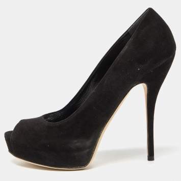 Pre Owned Gucci Black Suede Peep-Toe Platform Pumps Size 40