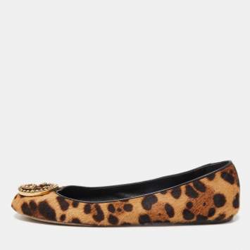 Pre Owned Gucci Beige/Brown Leopard Print Calf Hair Studded Interlocking G Ballet Flats Size 37