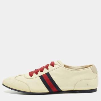 Pre Owned Gucci Cream Patent Leather Web Lace Up Sneakers Size 35