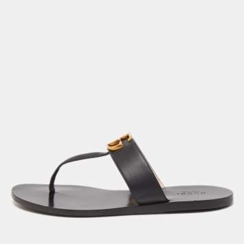 Pre Owned Gucci Black Leather GG Marmont Thong Flats Size 37