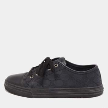 Pre Owned Gucci Black Leather and GG Canvas Cap Toe Low Top Sneakers Size 37.5