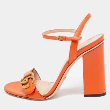 Pre Owned Gucci Orange Leather GG Marmont Ankle Strap Sandals Size 38