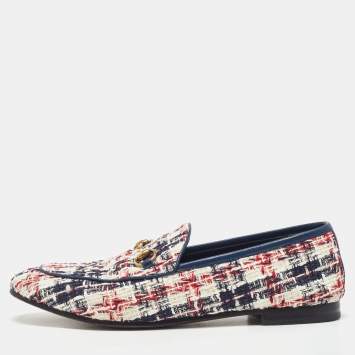 Pre Owned Gucci Tri Color Tweed and Leather Horsebit Jordaan Loafers Size 40