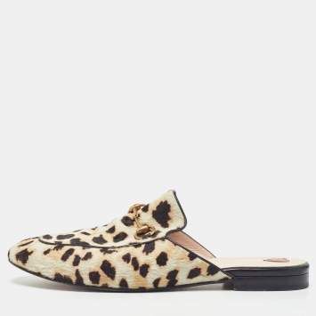 Pre Owned Gucci Beige Leopard Print Calfhair Princetown Horsebit Flat Mules Size 40