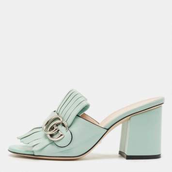 Pre Owned Gucci Blue Leather GG Marmont Fringe Slide Sandals Size 36