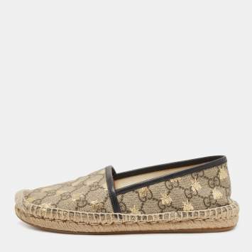 Pre Owned Gucci Brown/Beige GG Supreme Canvas Bee Espadrille Flats Size 35