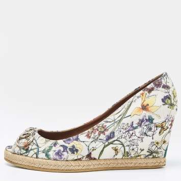Pre Owned  Gucci Multicolor Floral Print Canvas Horsebit Peep Toe Wedge Pumps Size 39