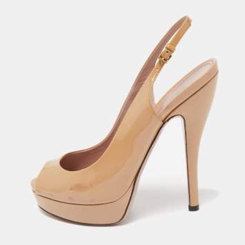 Pre Owned Gucci Beige Patent Leather Peep Toe Platform Slingback Sandals Size 36.5