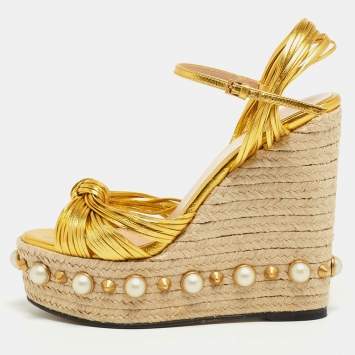 Pre Owned Gucci Gold Leather Strappy Knotted Pearl Embellished Wedge Espadrille Ankle Strap Sandals Size 36.5