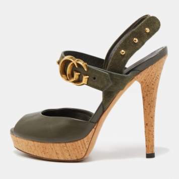 Pre Owned Gucci Olive Green Leather And Suede GG Cork Platform Ankle Strap Sandals Size 35.5