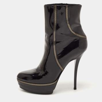 Pre Owned Gucci Black Patent Leather Zip Detail Platform Ankle Boots Size 38.5