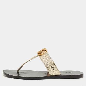 Pre Owned Gucci Gold Foil Leather GG Thong Flats Size 37