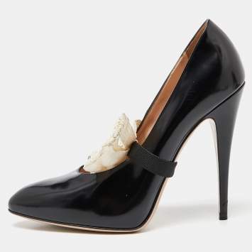 Pre Owned Gucci Black Patent Leather Elaisa Removable Pearl Bow Pumps Size 40