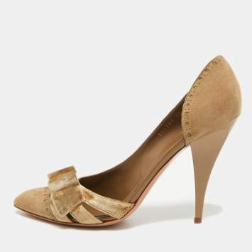 Pre Owned Gucci  Beige Suede And Velvet  D'Orsay Pumps Size 40.5