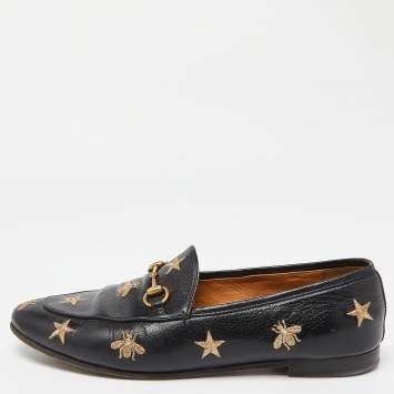 Pre Owned Gucci Black Leather Jordaan Embroidered Bee Horsebit Slip On Loafers Size 40