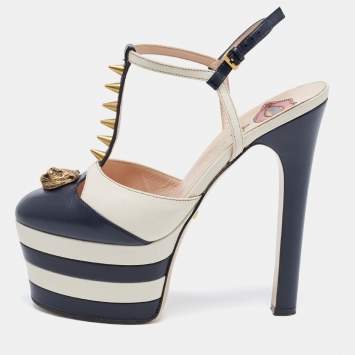 Pre Owned Gucci Navy Blue/White Leather Studded Angel Platform Pumps Size 36.5