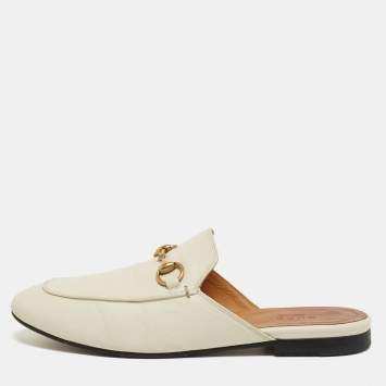 Pre Owned Gucci Off White Leather Horsebit Flat Mules Size 36.5