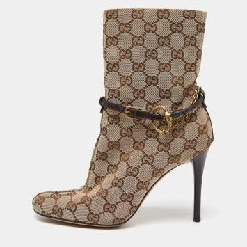 Pre Owned Gucci Beige/Brown GG Canvas Horsebit Chain Ankle Booties Size 36.5 