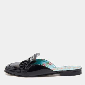 Pre Owned Gucci Black Patent GG Marmont Mule Flats Size 38