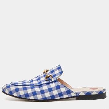 Pre Owned Gucci Blue/White Plaid Fabric Princetown Flat Mules Size 38