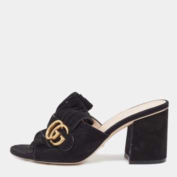 Pre Owned Gucci Black Suede GG Marmont Fringe Detail Block Heel Sandals Size 36