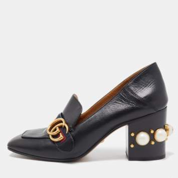 Pre Owned Gucci Black Leather Double G Pearl Embellished  Loafer Pumps Size 38
