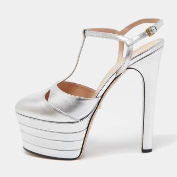 Pre Owned Gucci Silver Leather Angel Platform Pumps Size 40