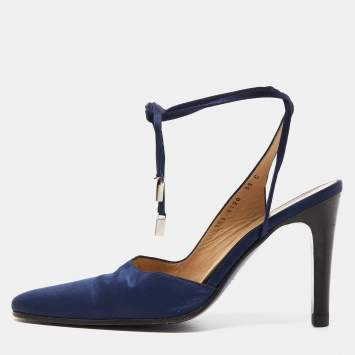 Pre Owned Gucci Navy Blue Satin Ankle Tie Pumps Size 38