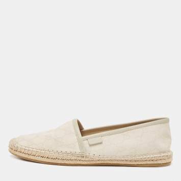 Pre Owned Gucci Cream/Grey GG Canvas and Leather Espadrilles Flats Size 38.5