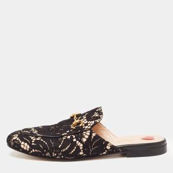 Pre Owned Gucci Black/Beige Lace and Leather Princetown Flat Mules Size 37