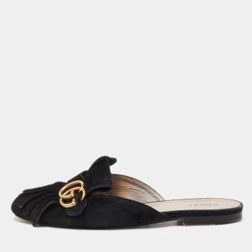 Pre Owned Gucci Black Suede GG Marmont Fringed Mules Size 39