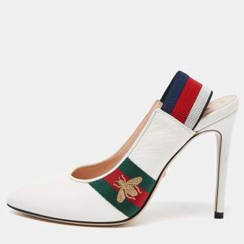 Pre Owned Gucci White Leather Sylvie Web Bee Slingback Pumps Size 37